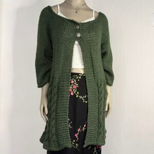 Green Cable Knit Caragain Fall 2-Buttons Fisherman Core Chucky Sweater